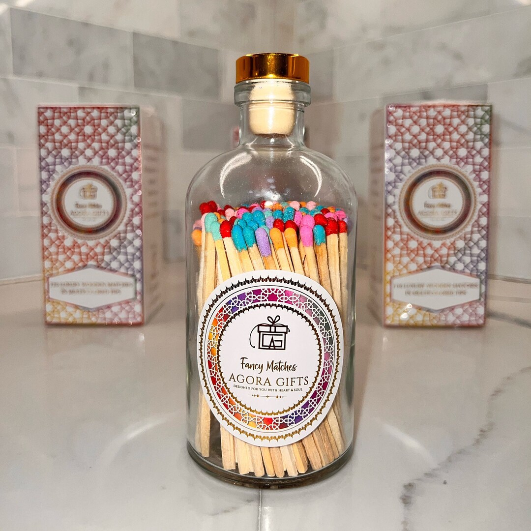 Decorative Matches in Glass Apothecary Jar, Wooden Colored Matches