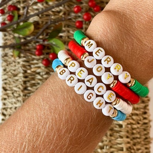 Gold Holiday Word Bracelet | Christmas Bracelet | Heishi Beaded Bracelet | Word Bracelet | Gifts for Her | Stackable Bracelet