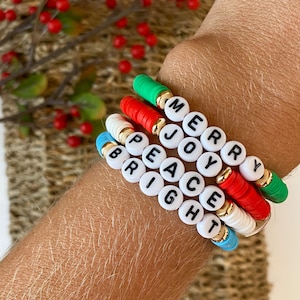 Holiday Word Bracelet | Christmas Bracelet | Heishi Beaded Bracelet | Word Bracelet | Gifts for Her | Stackable Bracelet