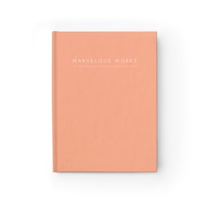 Puede incluir: Un diario de tapa dura con una cubierta de color melocotón. El texto "MARVELOUS WORKS" está impreso en blanco en la parte superior. El diario es rectangular y parece nuevo.