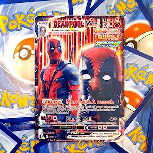 May include: A Deadpool VMAX trading card featuring a red and black costumed character, 330 HP, and the ability Merc with a Mouth. The card displays Fusion Strike, Single Strike, and Rapid Strike logos, with text detailing the Fourth Wall attack.