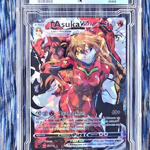 May include: A graded trading card featuring Asuka VMAX from the Evangelion series. The card is a Holo Full Art Ultra Rare, graded as a Gem Mint 10. The card's artwork depicts Asuka in a red and orange outfit.