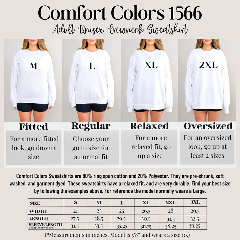 May include: White Comfort Colors 1566 adult unisex crewneck sweatshirt. The image shows the sweatshirt in sizes M, L, XL, and 2XL. The size chart provides measurements in inches for width, length, and sleeve length.