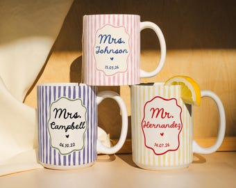 Personalized Mr Mrs Stripe Mug, Engagement Mug, Newly Engaged Gift, Bride Groom Mugs, Custom Wedding Mugs, Anniversary Gift, His Hers Mugs