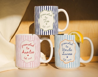 Promoted To Auntie And Uncle Mug, Aunt Uncle Gift, Custom Tia Tio Aunty Uncle Mugs, Baby Announcement For Aunt Uncle, Striped Mug, Aunt Mug