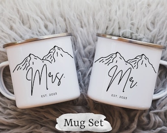Mr And Mrs Camp Mug Set, Engagement Gift For Couple, Elopement Gift, Custom Mr Mrs Campfire Mugs, Unique Wedding Gift For Couple, Couple Mug