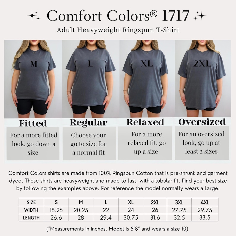 Pode incluir: Imagem de camisetas Comfort Colors 1717 para adultos, em algod&atilde;o ringspun de alta gramatura. Modelos vestindo tamanhos M, L, XL e 2XL. A imagem inclui uma tabela de tamanhos com medidas em polegadas e orienta&ccedil;&otilde;es sobre o ajuste.