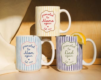 Promoted To Mom And Dad Again Mug, Second Pregnancy Announcement, Personalized Mommy Again Mug, Daddy Again Est Mug, Striped Mug