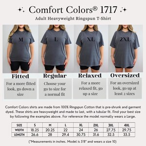 May include: A product image showcasing Comfort Colors 1717 adult heavyweight ringspun t-shirts in various sizes. The image displays models wearing the shirts in sizes M, L, XL, and 2XL. The image includes a size chart with measurements in inches.