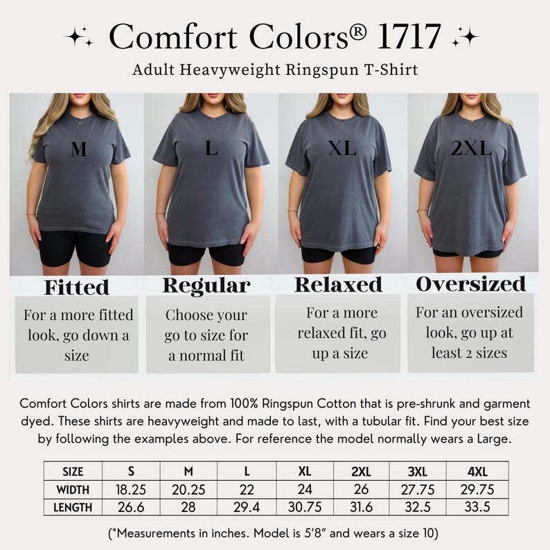 May include: A product image showcasing Comfort Colors 1717 adult heavyweight ringspun t-shirts in various sizes. The image displays models wearing the shirts in sizes M, L, XL, and 2XL. The image includes a size chart with measurements in inches.