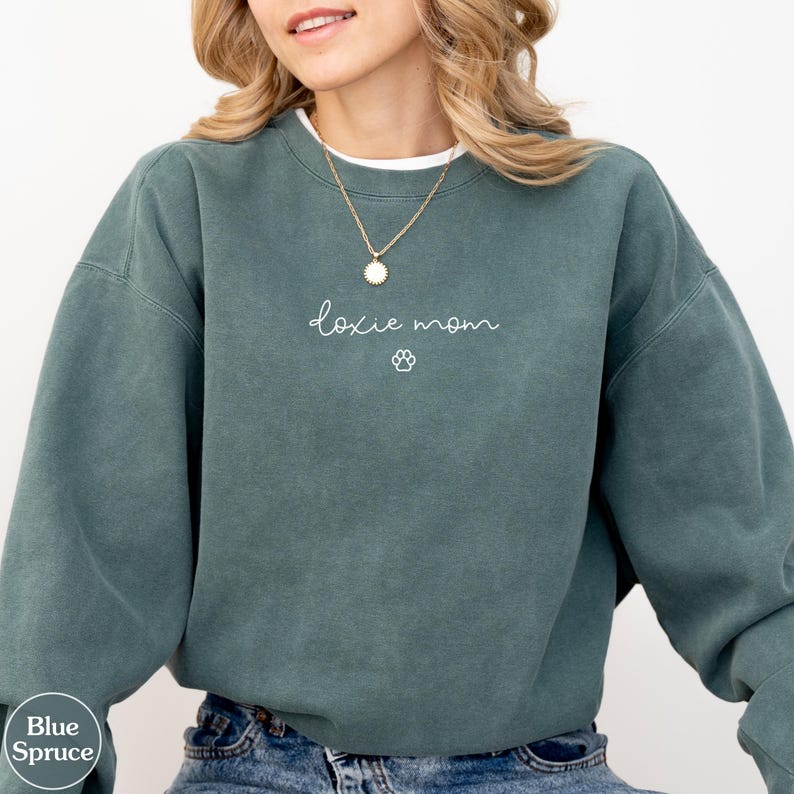 May include: A teal-colored sweatshirt with the words "doxie mom" in cursive script and a paw print. The sweatshirt has a crew neck and long sleeves. A gold necklace with a pendant is visible.