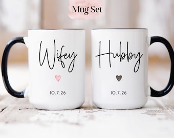 Personalized Hubby Wifey Mug Set, Mr Mrs Mugs, Couples Mug Set, His And Hers Mugs, Anniversary Gift, Custom Wedding Gifts For Couple