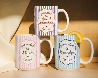 Promoted To Grandparents Mug, Grandma Grandpa Striped Mug, Pregnancy Reveal, Personalized Grandma Grandpa Mugs, Abuelo Abuela Striped Mugs