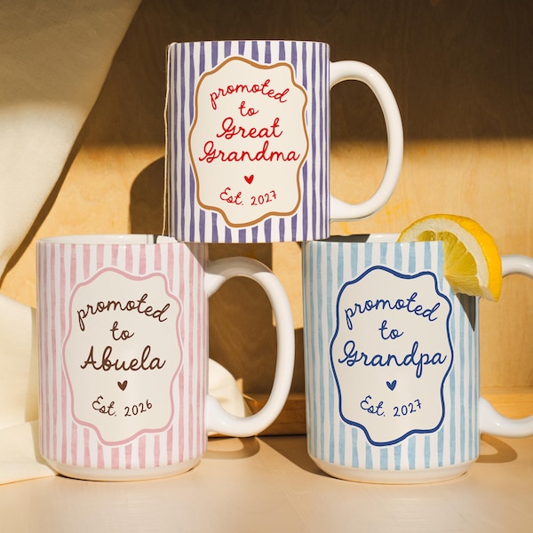 Promoted To Grandparents Mug, Grandma Grandpa Striped Mug, Pregnancy Reveal, Personalized Grandma Grandpa Mugs, Abuelo Abuela Striped Mugs