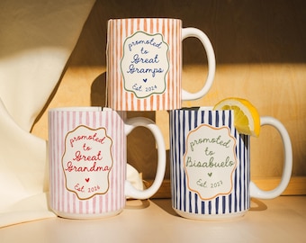Promoted To Great Grandparents Mug, Custom Bisabuela Bisavo Bisnonna Mug, Great Grandma Grandpa Mug, Striped Mug, Pregnancy Announcement Mug