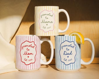 Promoted To Mom And Dad Mugs, First Time Parents Gift, Personalized Mommy And Daddy Mugs, New Mom Mug, Striped Mug, Pregnancy Announcement