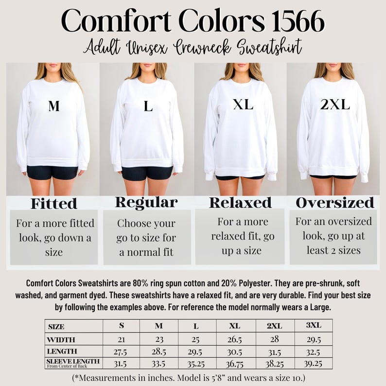 K&ouml;nnte beinhalten: Gr&ouml;&szlig;entabelle f&uuml;r ein Unisex-Sweatshirt mit Rundhalsausschnitt in den Gr&ouml;&szlig;en S, M, L, XL, 2XL und 3XL. Die Tabelle zeigt die Breite, L&auml;nge und &Auml;rmell&auml;nge in Zoll f&uuml;r jede Gr&ouml;&szlig;e. Das Model ist 1,73 m gro&szlig; und tr&auml;gt Gr&ouml;&szlig;e 10.