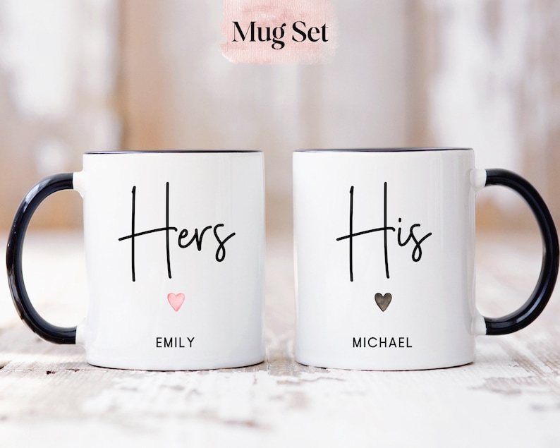 Juego personalizado de tazas para él y para ella, tazas de boda personalizadas, regalo de compromiso, regalo de aniversario, tazas de novios, tazas de señor y señora, tazas de recién casados 11oz Black Handle