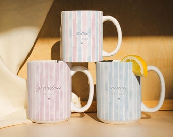 Personalized Grandma Striped Mug, Custom Nana Mimi Gigi Mug, New Grandma Gift, Pregnancy Announcement, Grandma Est Mug, Custom Name Mug