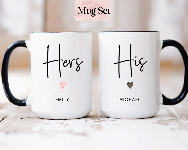 Juego personalizado de tazas para él y para ella, tazas de boda personalizadas, regalo de compromiso, regalo de aniversario, tazas de novios, tazas de señor y señora, tazas de recién casados 15oz Black Handle