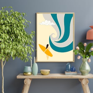 Retro surf kunst aan de muur, Surfer Girl Art, Surf Thema Print, Zonsondergang, Beach House, Surf Illustratie, Boho Surf, Kust, Abstract