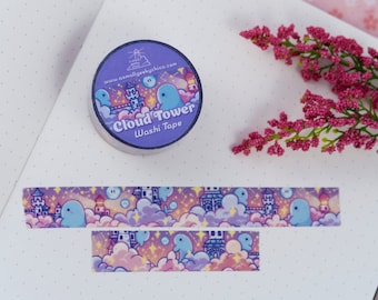Whale Clouds and Tower Washi Tape | 1.5mm x 5m | Cute Sky Tape | Sunset Sky Tape
