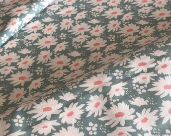 Vintage Style Cotton Fabric, Soft Aqua with White & Pink Daisies, Floral Feedsack Repro for Vintage Sewing, Sold By the Yard