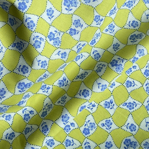 BTY Vintage Style Cotton Floral Fabric, Yellow with Blue and White Squares Floral 1930s Reproduction for Vintage Sewing, Sold By the Yard