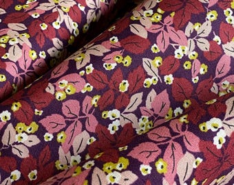 BTY Vintage Style Cotton Fabric, Plum Pink Rust 1930s Leaf Repro Print, Liberty Rustling Leaves, Ideal for Vintage Sewing, Sold By the Yard