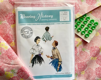 Dressmaking Kit: Sewing Kit for 1950s Harriet Blouse in Bold Pink Floral Repro Cotton, Vintage Green Plastic  Buttons, Limited Edition