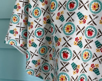 BTY Vintage Style Cotton Fabric, Novelty Aqua and Gray Kitchen Dish Print, Repro Feedsack Style, Vintage Sewing, Lori Holt, Sold By the Yard