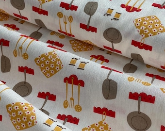 BTY Vintage Style Cotton Fabric, Novelty Red & Yellow Kitchen Dish Print, Repro Feedsack Style, Vintage Sewing, Lori Holt, Sold By the Yard