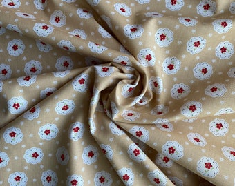 BTY Vintage Style Cotton Fabric, Taupe Brown Floral Print with White and Red, Suitable for Vintage Sewing, Sold By the Yard
