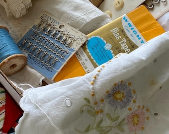 Vintage Scrap Bag: Mystery Box filled with Vintage Linens, Trim, Sewing Notions, Etc - for Crafting, Quilting, Junk Journaling, Sewing Stash