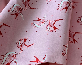 BTY Vintage Style Cotton Fabric, Pink Novelty Print with Scattered Birds & Ribbons, Tiny Hearts, Suitable for Vtg Sewing, Sold By the Yard