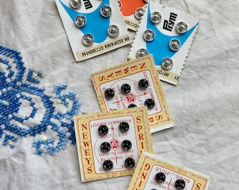 6 Vintage Deadstock Sew On Snap Fasteners, 1930s, Brand New, Dressmaking Sewing Supplies, Black 5mm, Silver 7mm