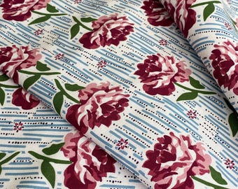 BTY Vintage Style Cotton Fabric, 1950s Stunning Large Plum Red Floral Feedsack Reproduction Forget Me Not Rose Collection, Vintage Sewing