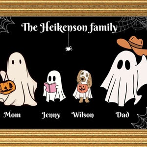 Personalized Halloween Ghost Family Portrait, Family Print with pets, Halloween Printable Wall Art, Custom Family Art, Halloween Family