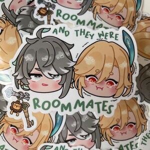 May include: Two cartoon character heads, one with grey hair and one with blonde hair, are on a sticker with the text "And they were roommates".
