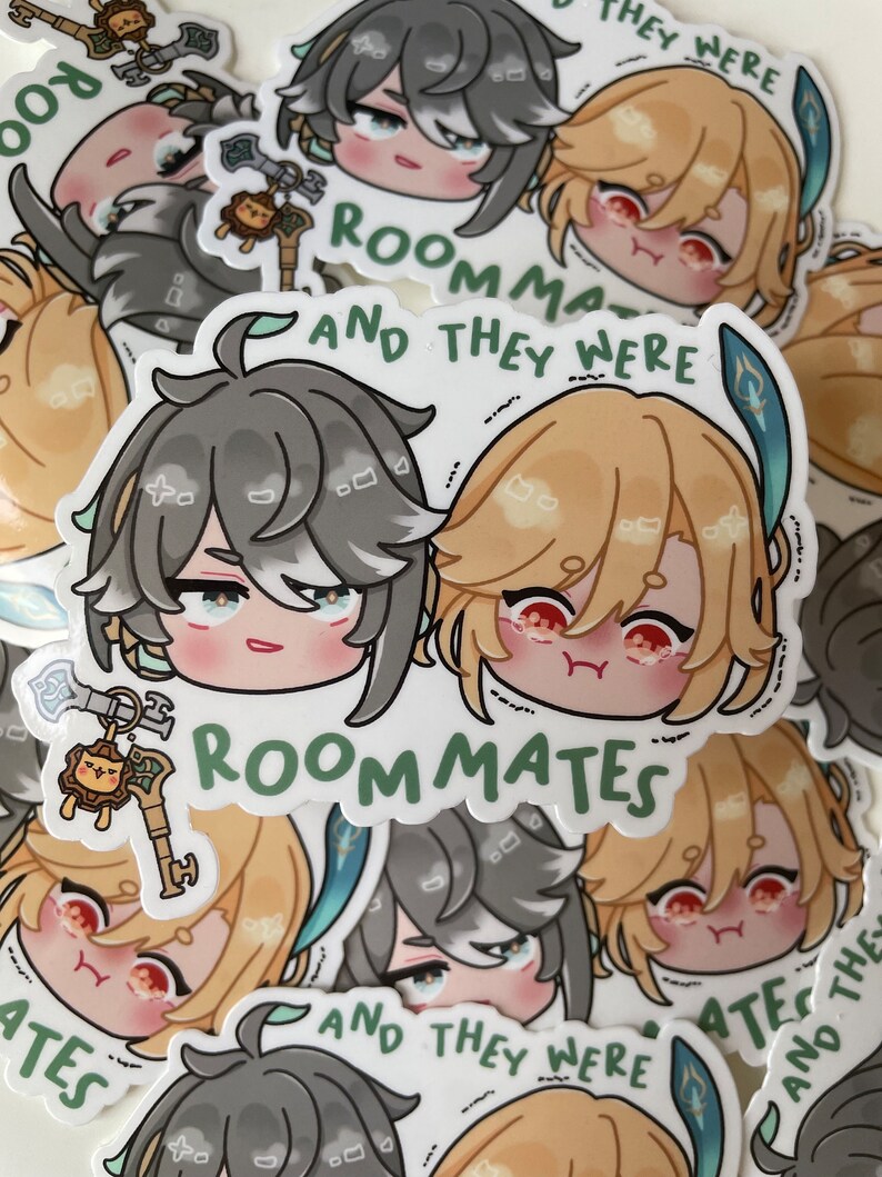 May include: Two cartoon character heads, one with grey hair and one with blonde hair, are on a sticker with the text "And they were roommates".