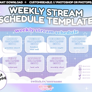 Cute Blue/Purple Twitch Stream Schedule Weekly Template | Includes PSD  | Instant Download | Clouds, Kawaii Pastel