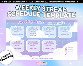 Schattig blauw/paars Twitch Stream schema wekelijkse sjabloon | Inclusief PSD | Direct downloaden | Wolken, Kawaii-Pastelkleur