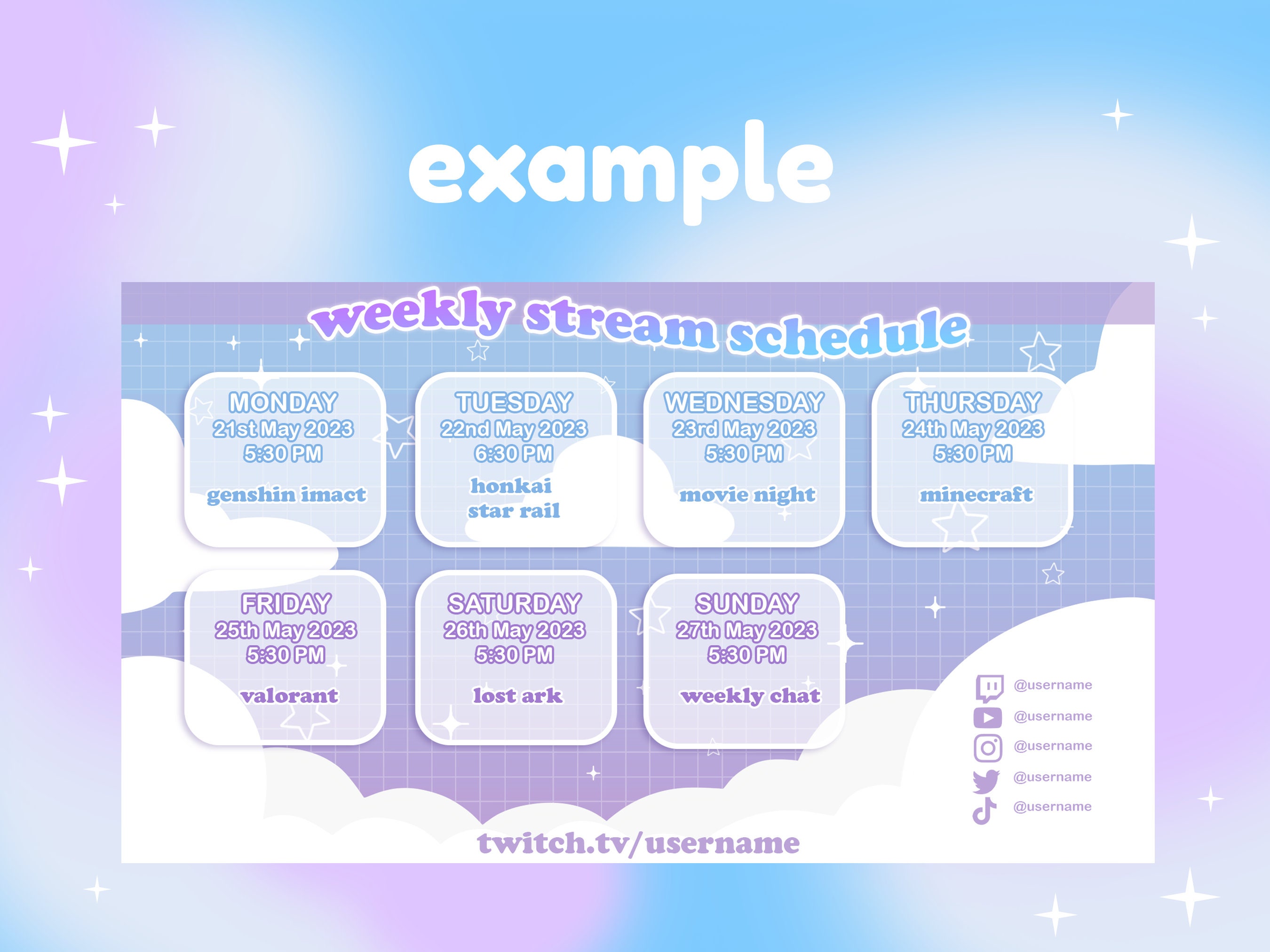 Cute Blue/purple Twitch Stream Schedule Weekly Template | Includes PSD ...