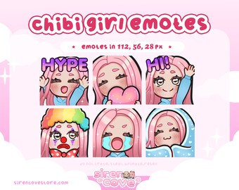 Paquete de gestos de niña de ojos marrones con cabello rosado para Twitch, Discord y Youtube / Kawaii, para Streamer,