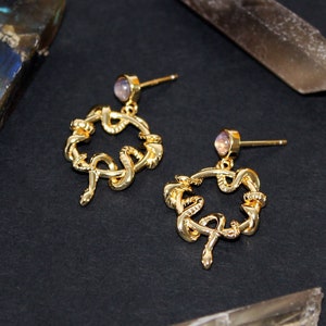 Eternal Serpent Drop Earrings - Snake Earrings, Snake Jewelry, Labradorite Earrings, Gemstone Earrings, Witchy Jewelry, Gold Snake Earrings