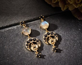Crescent Rose Statement Earrings - Moon Earrings, Rose Earrings, Moonstone Earrings, Witchy Jewelry, Celestial Jewelry, Gold Moon Earrings