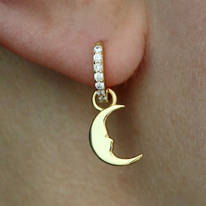 Crescent Moon Charm Huggie Hoops, Moon Earrings, Moon Hoop Earrings, Moon Face Earrings, Celestial Earrings, Celestial Jewelry, Gold Moon