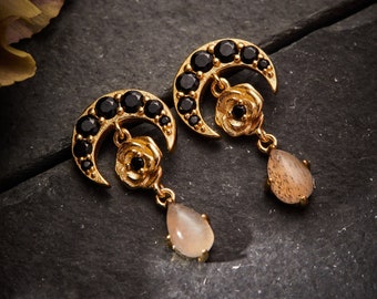 Crescent Rose Drop Earrings - Moonstone Earrings, Witchy Earrings, Crescent Moon Earrings, Rose Earrings, Black Stones, Celestial Earrings