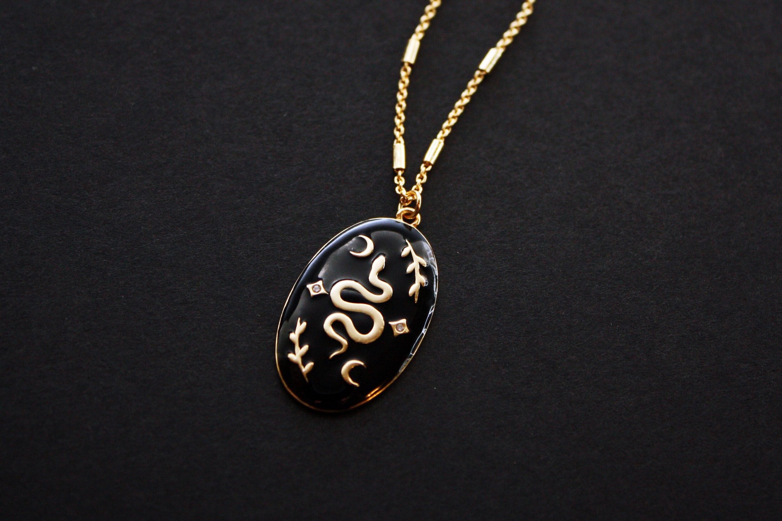 Black Enamel Snake Pendant - Snake Necklace, Enamel Necklace, Celestial Necklace, Moon and Stars, Black Jewelry, Black Enamel