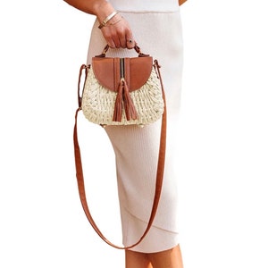 Tote Straw Crossbody Bag/ handwoven Paper Straw Hand Bag with leather
